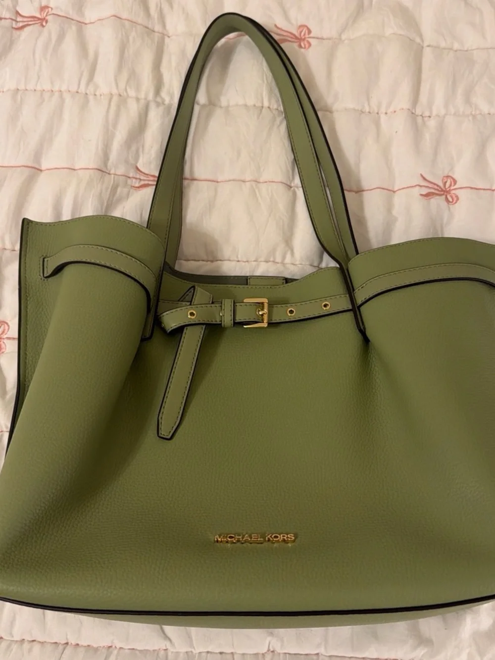 Michael Kors Olive Green Pebbled Leather Tote with Gold Hardware